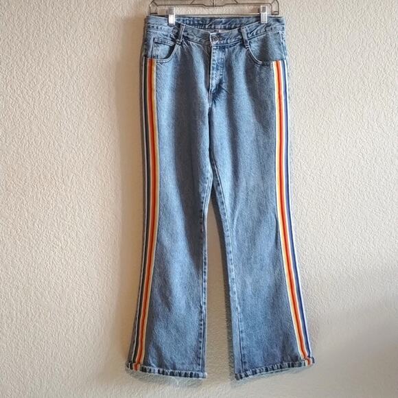 Retro 1 Rainbow Striped Embellished Relaxed Wide Leg Mid Rise Blue Jeans 9 / 29 - Picture 1 of 10